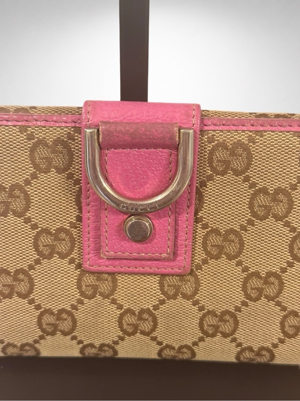 Gucci Abbey D-Ring Long Wallet Beige GG Canvas Fuchsia Leather Continental Y2K - Picture 5 of 17